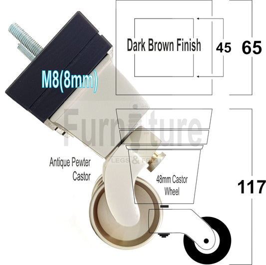 4x Wood Furniture Sofa Legs Dark Brown M8 Replacement Chair Settee Feet & Antique Silver Castors 117mm