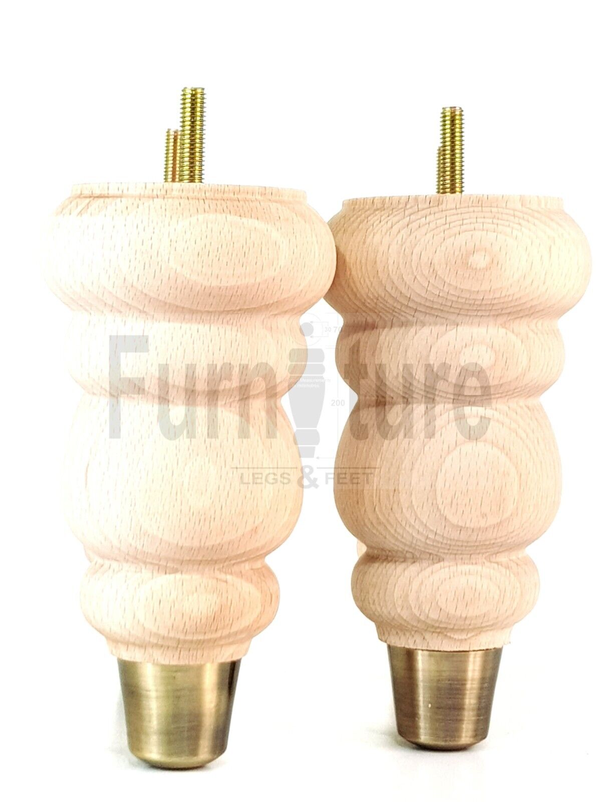 4x Round and Turned Wood Furniture Legs With Brass Slipper Cups Replacement Feet 165mm High M8 Thread