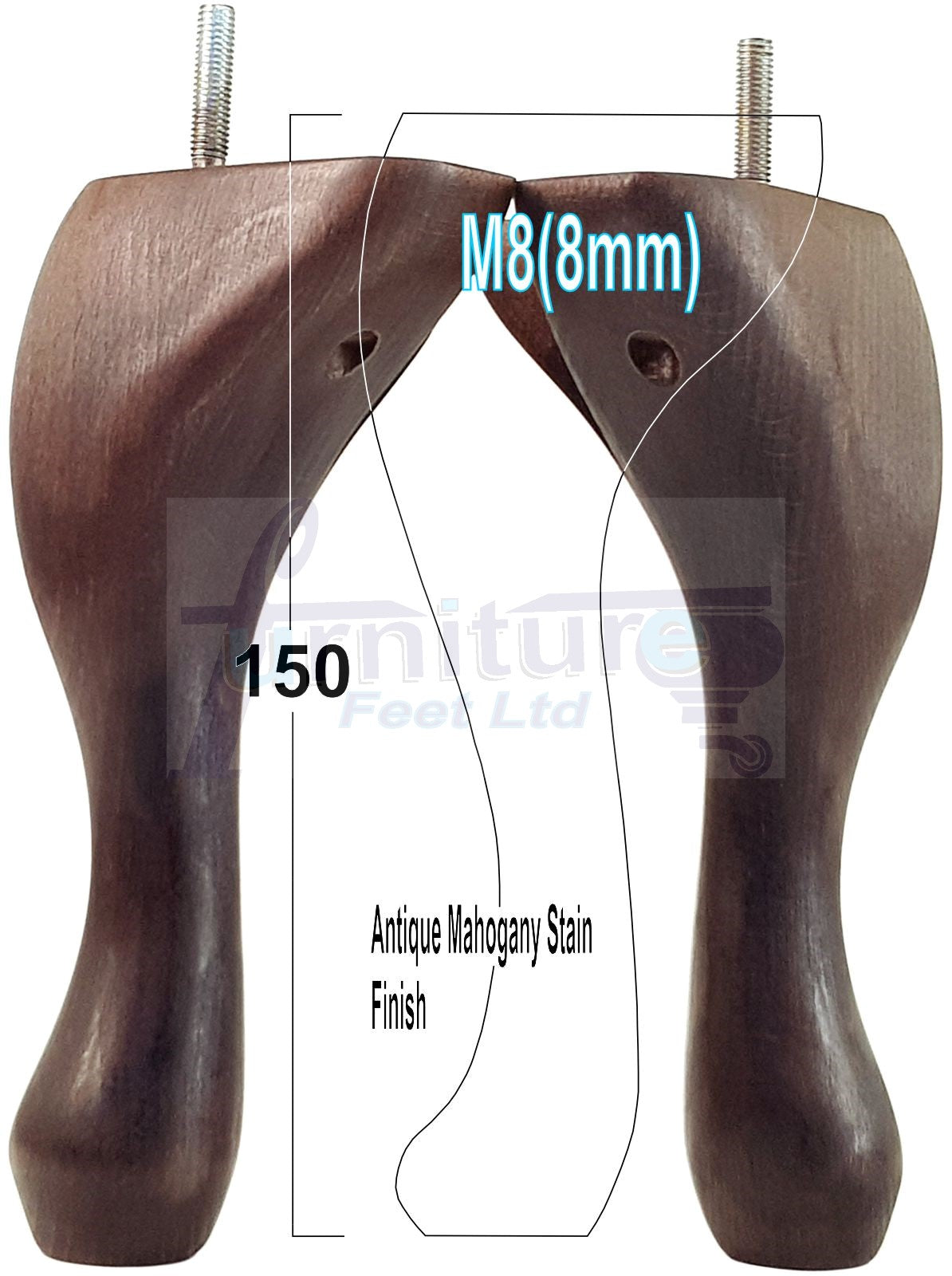 4 Solid Wood Furniture Feet 150mm High Queen Anne Replacement Legs M8 (8mm) 6 Inches Chair Stools Bed Sofa Georgian Style