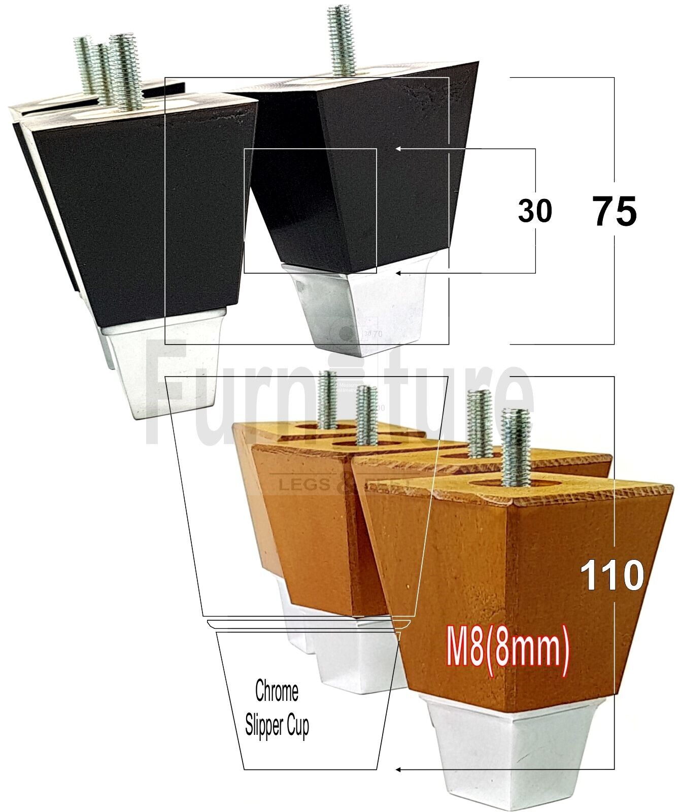 4x Block Wood With A Chrome Slipper Cup Furniture Chair Settee Legs M8 Sofa Feet 110mm