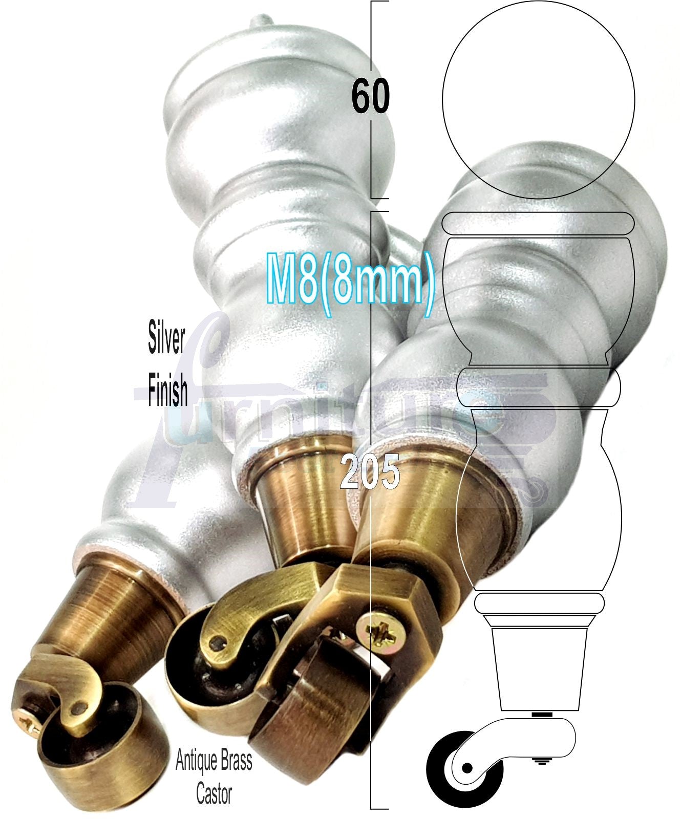 4x Furniture Feet With Castor 205mm High Legs Silver Wood M8 Sofas Chairs Stools Cabinets 8 Inches Tall