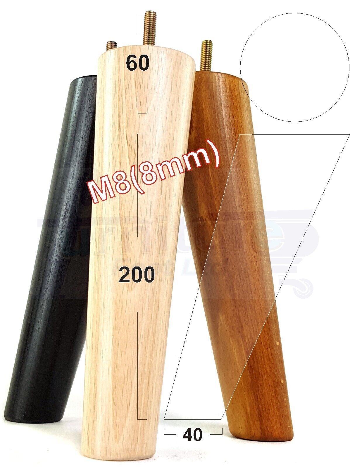 4 Solid Wood Turned Furniture Feet Replacement Mid Centry Angled Retro Legs 200mm High M8 Sofa Chairs Stools Cabinets Beds