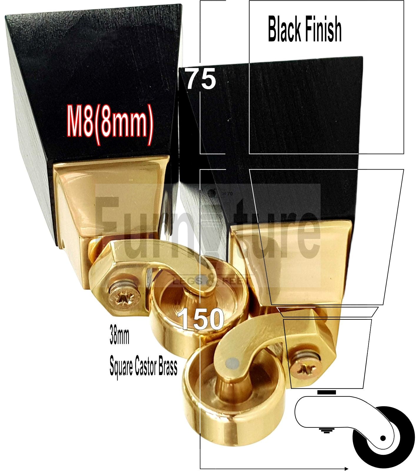 4x Block Wood With Castor Furniture Legs 8mm Thread For Chairs Settees Sofa 150mm