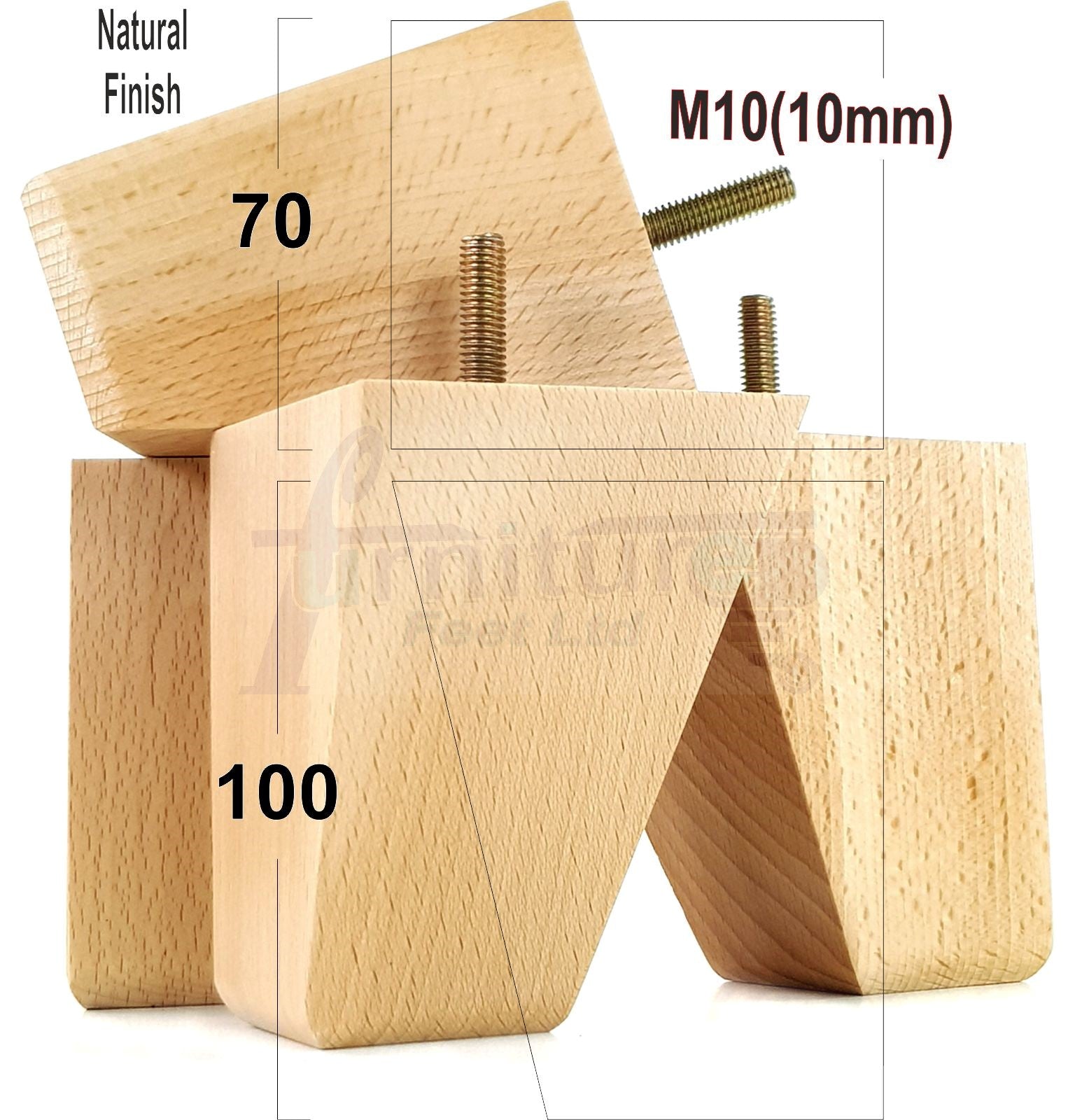4x Angled Block Wood Sofa Legs 100mm High Replacement Furniture Feet Chairs Cabinets M10 Thread