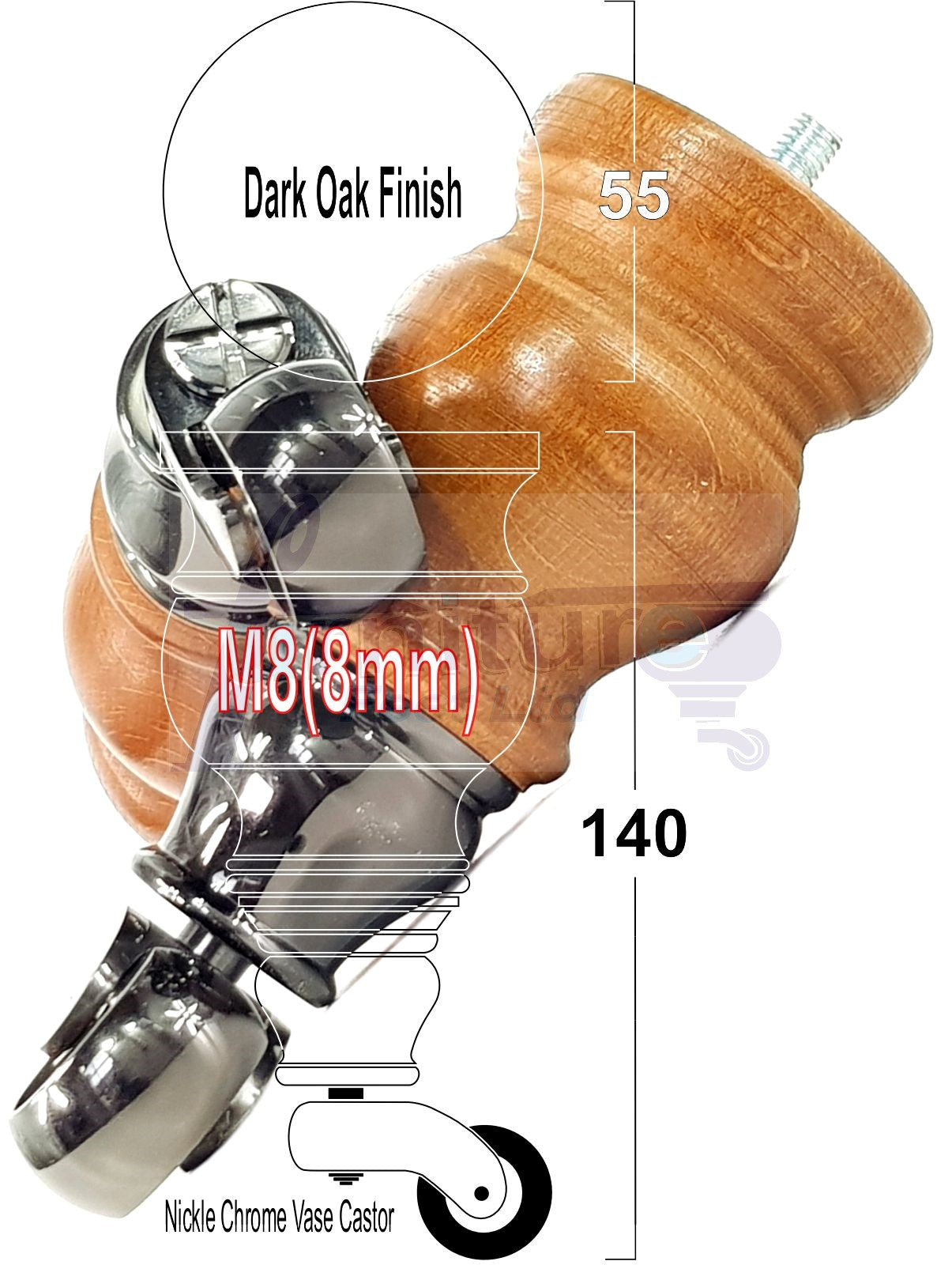 Set Of 4 Turned Wood Furniture Legs With 150mm High Castor 8mm Thread For Chairs Settees & Cabinets Dark Oak Finish