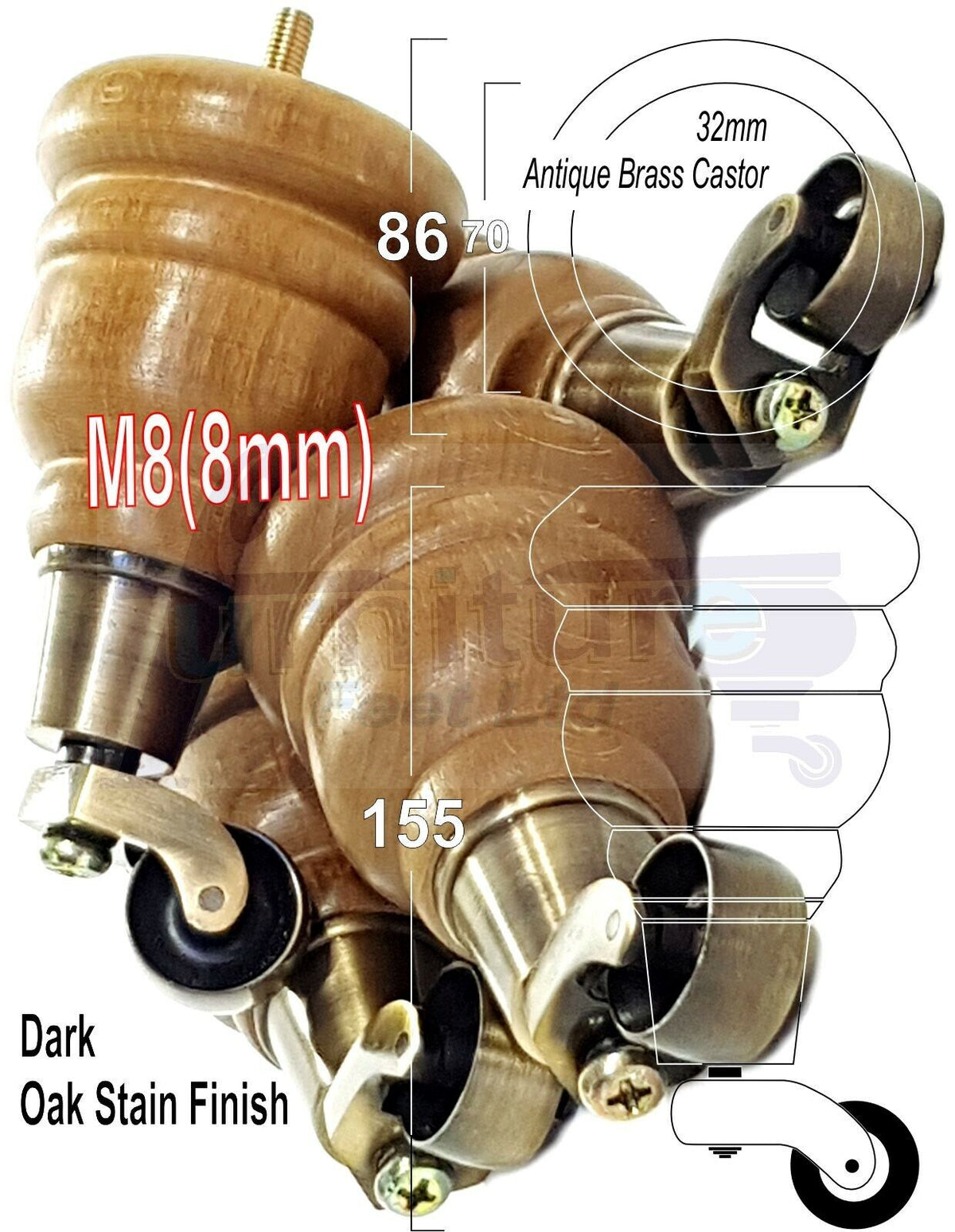 4 Turned Wood Dark Oak Stain Furniture Replacement Legs with Castors 155mm Legs M8 Fitting