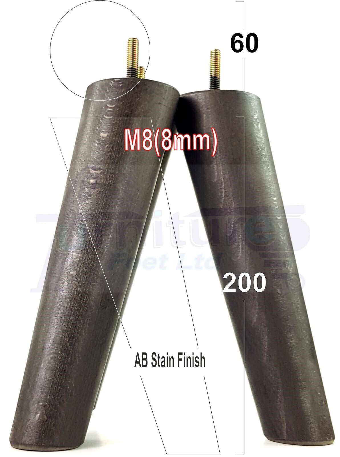 4 Solid Wood Turned Furniture Feet Replacement Mid Centry Angled Retro Legs 200mm High M8 Sofa Chairs Stools Cabinets Beds