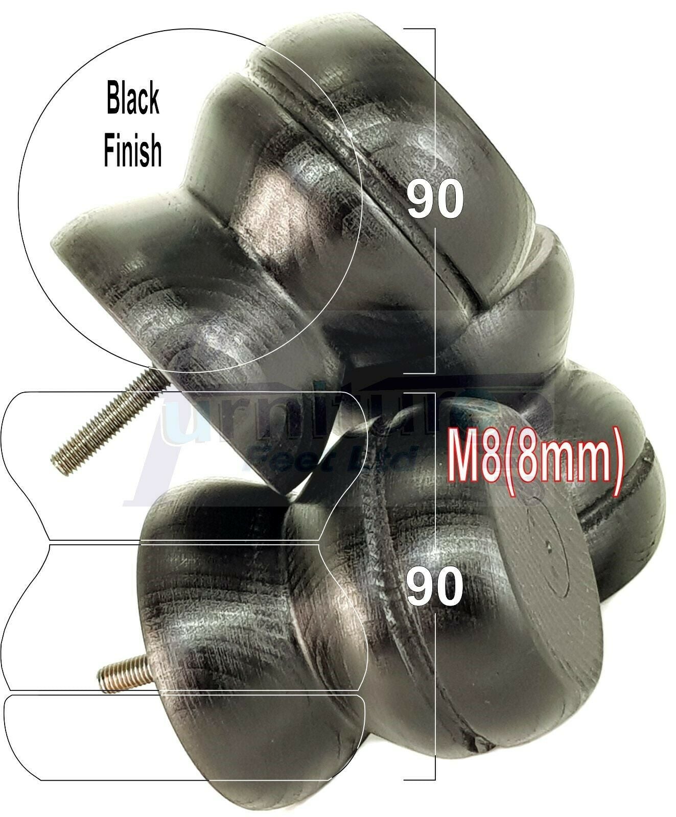 4x Turned Solid Wood Furniture Legs Replacement Bun Feet 90mm High 8mm Thread