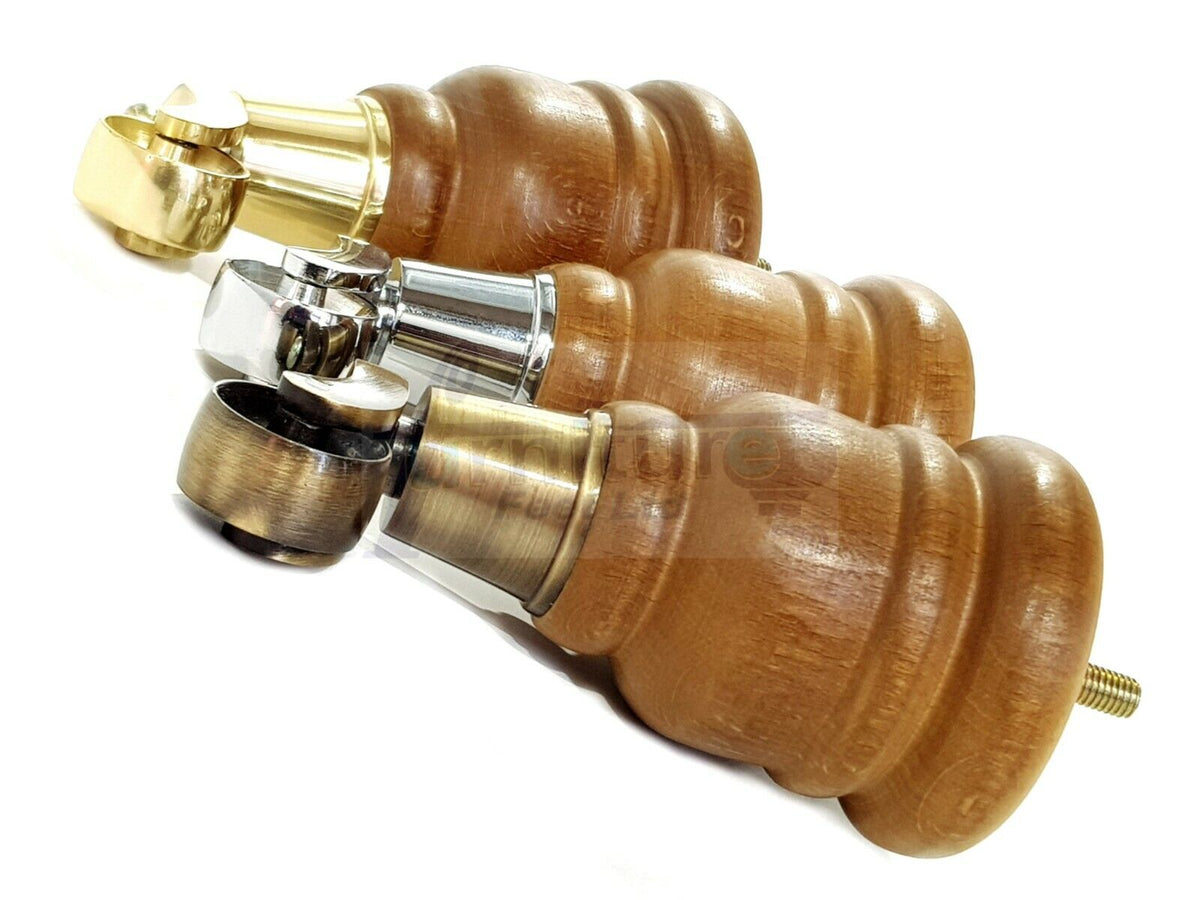 4 Turned Wood Dark Oak Stain Furniture Replacement Legs with Castors 155mm Legs M8 Fitting