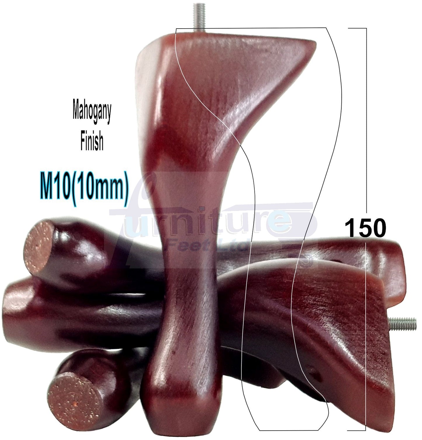 4 Solid Wood Furniture Feet 150mm High Queen Anne Replacement Legs Chairs Settees Beds Sofas M10 Thread