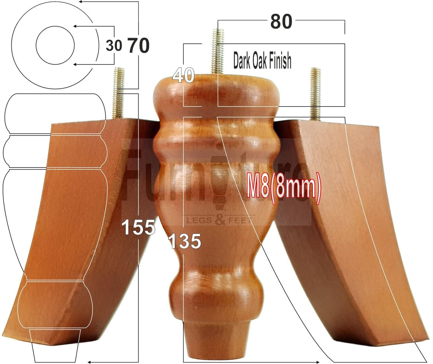 2x Turned Wood Furniture Feet 155mm and 2 Curved Back Legs Sofas Chairs Beds M8 Thread 6 Inches