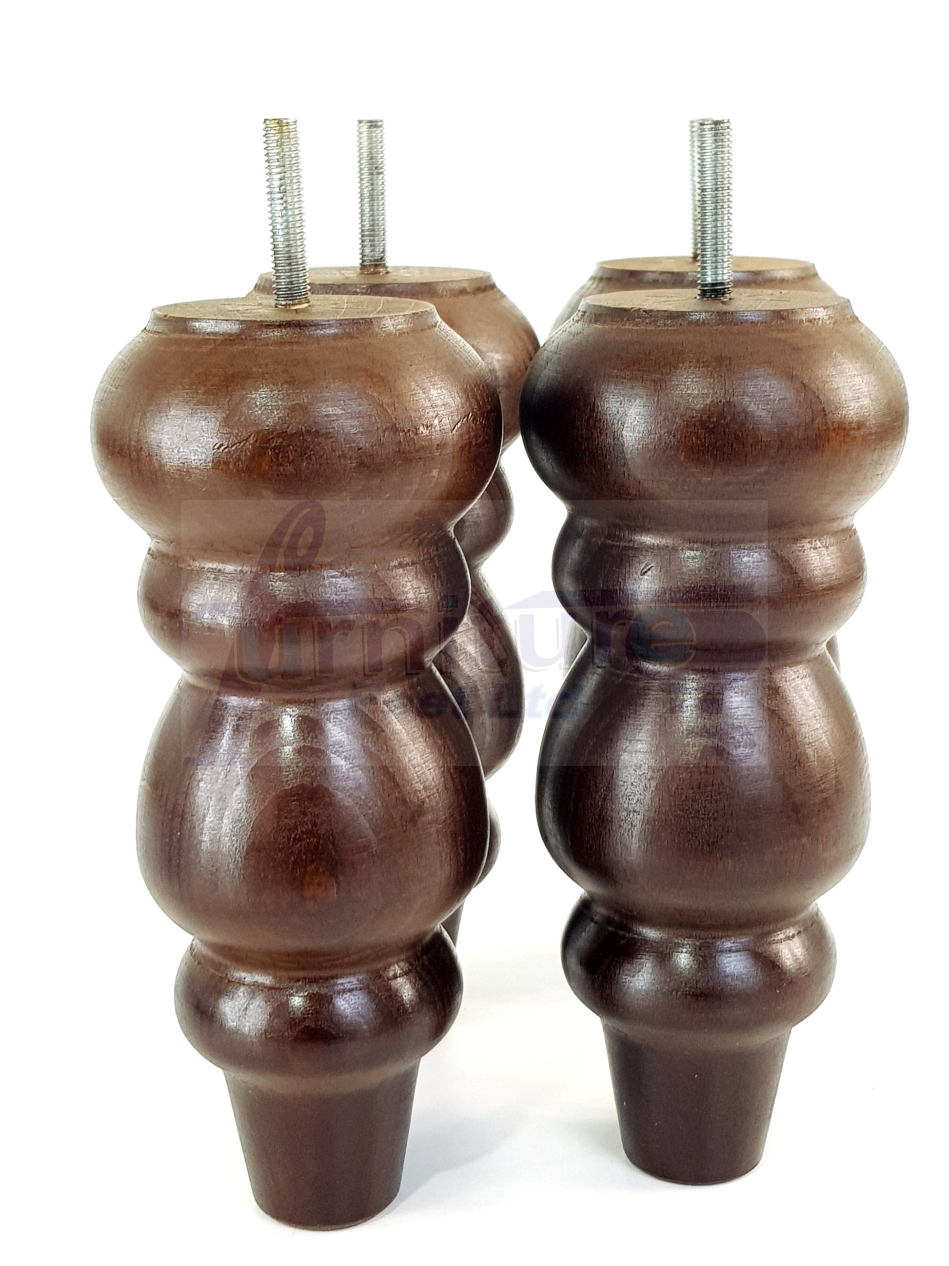 4 Solid Wood Furniture Legs Replacement Turned Feet 200mm High M8(8mm) Thread: Antique Brown