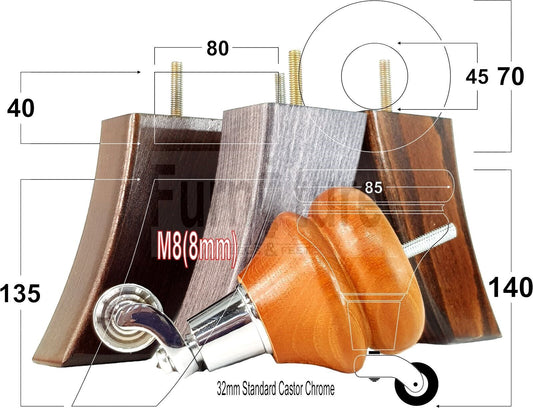 Turned Wood Furniture Feet 2 With Chrome Castors 140mm & 2 Curved Back Legs Sofas Chairs Stools Cabinets Beds M8