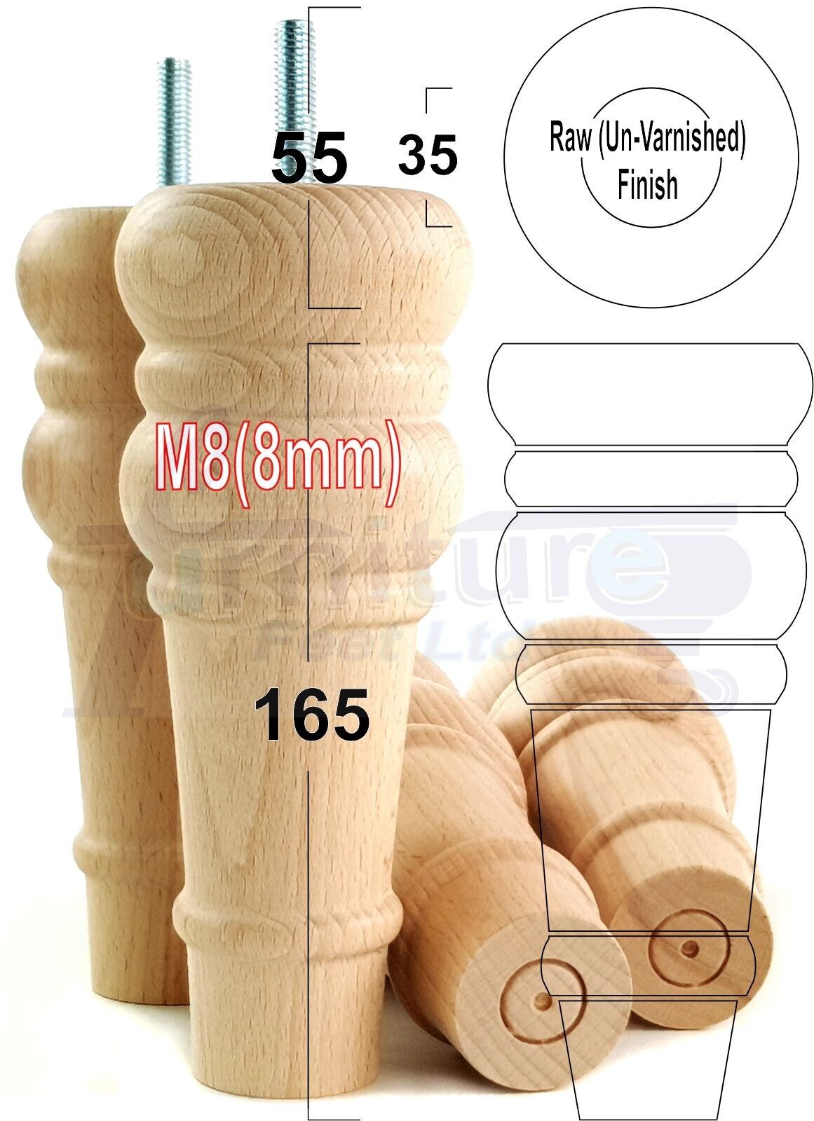 4 Wood Turned Furniture Legs Replacement Bun Feet 165mm High Multiple Colours 6.5 Inches Chairs Stools Sofa's Beds Settee Cabinets M8