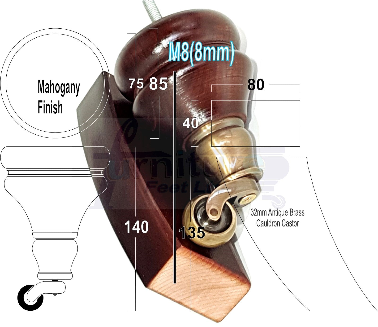 Turned Mahogany Furniture Wood Feet 2 With Castors & 2 Curved Legs140mm Sofas Chairs Settee Cabinets Beds M8