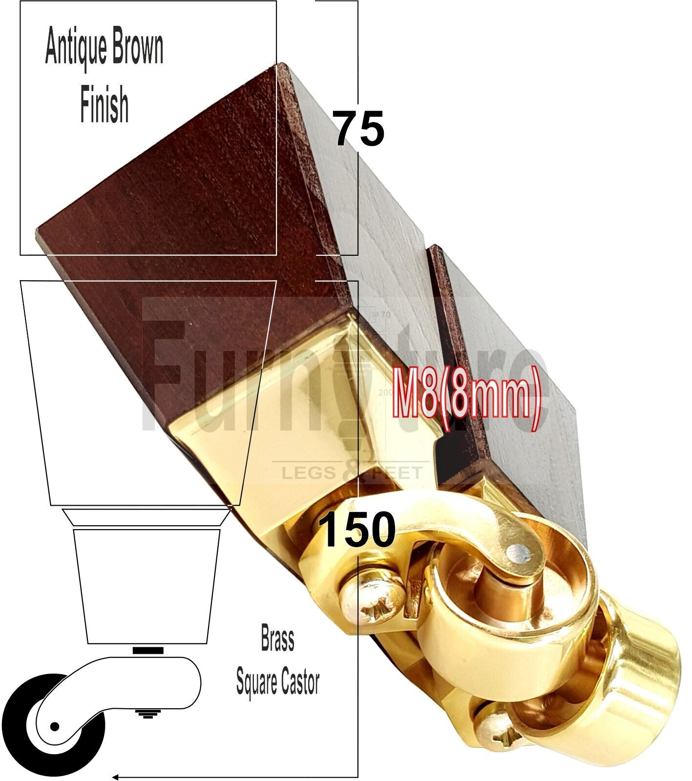 4x Block Wood Furniture Legs With Brass Castors For Sofa Chairs Settees 8mm Thread 150mm High