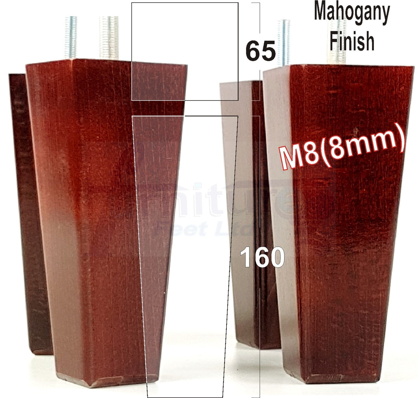 4x Wooden Furniture Legs 160mm High Replacement Square Tapered Feet 8mm