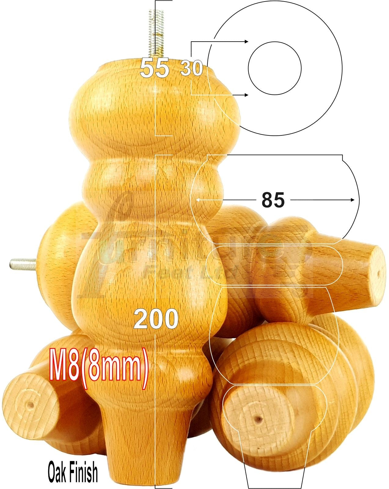 4 Solid Wood Furniture Legs Replacement Turned Feet 200mm High M8(8mm) Thread: Oak
