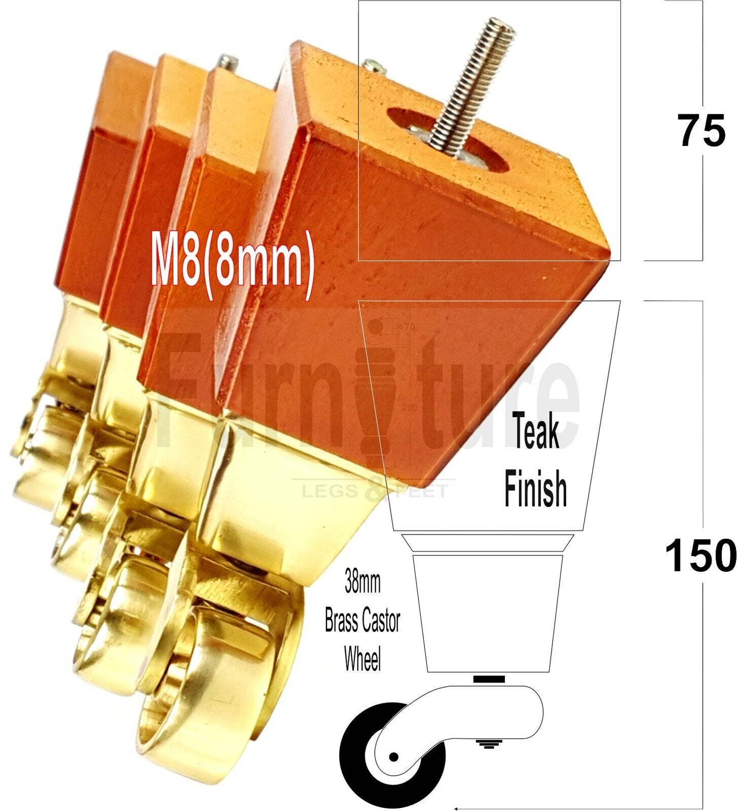 4x Block Wood Furniture Legs With Brass Castors For Sofa Chairs Settees 8mm Thread 150mm High