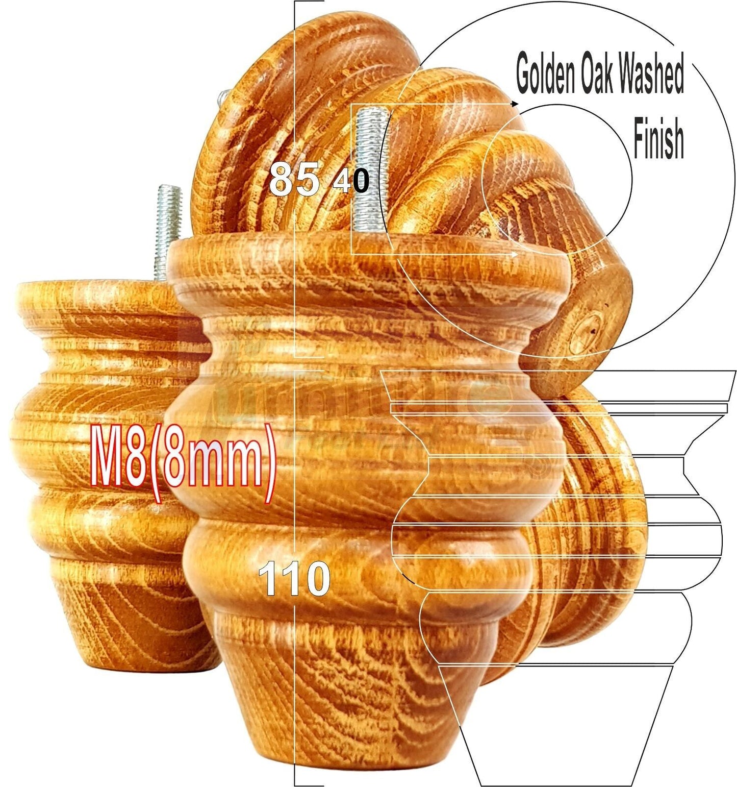 4x Turned Wood Furniture Legs Replacement Feet 110mm High Multiple Colours Chairs Stools Sofa's Beds Settee Cabinets M8