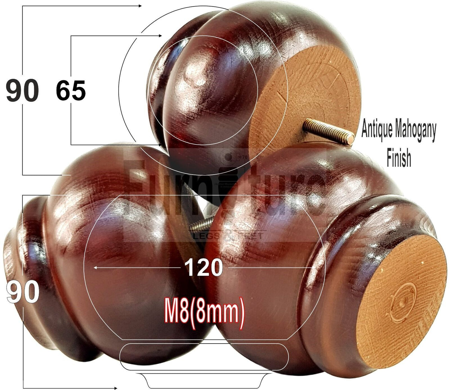 Set Of 4 Turned Wooden Furniture Legs Replacement Feet 90mm High 8mm Thread