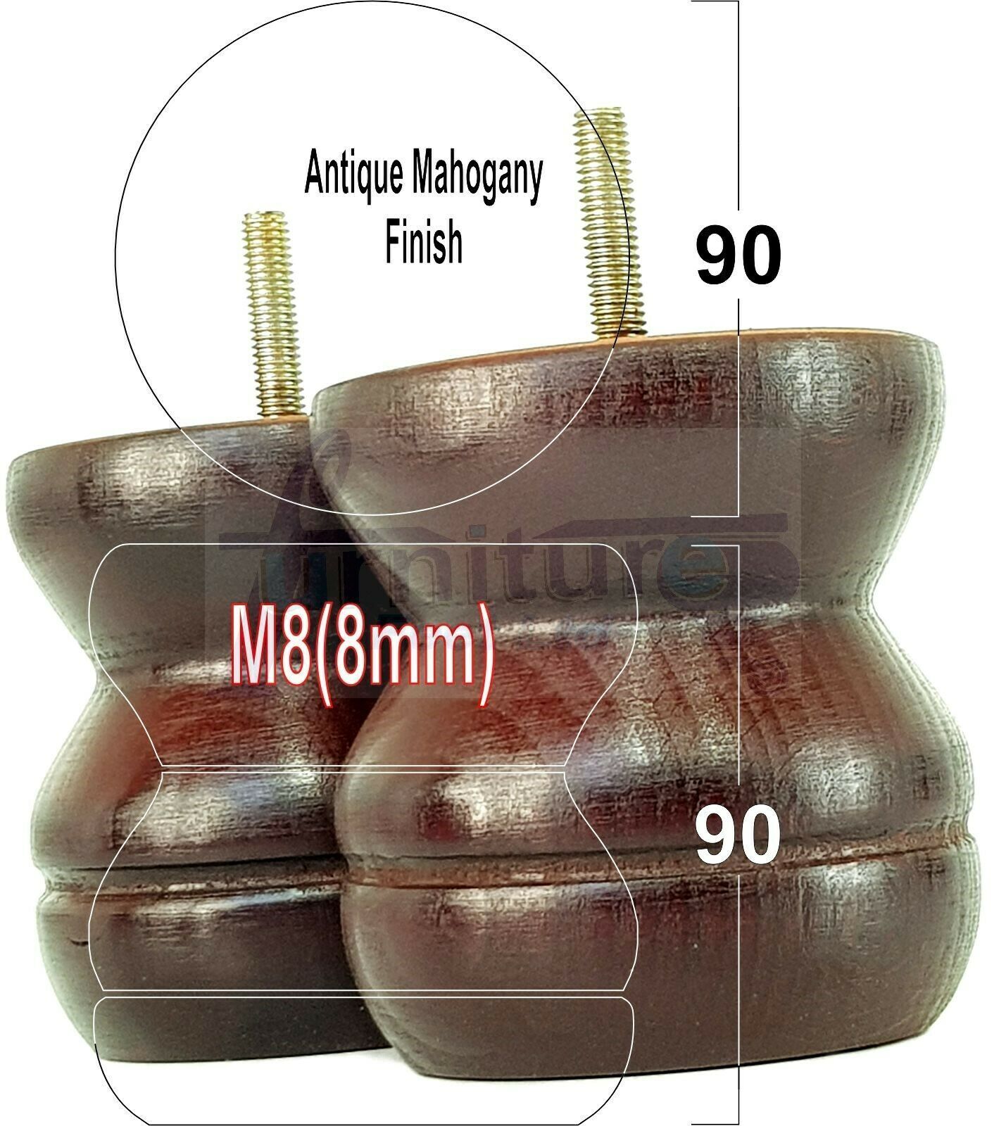 4x Turned Solid Wood Furniture Legs Replacement Bun Feet 90mm High 8mm Thread