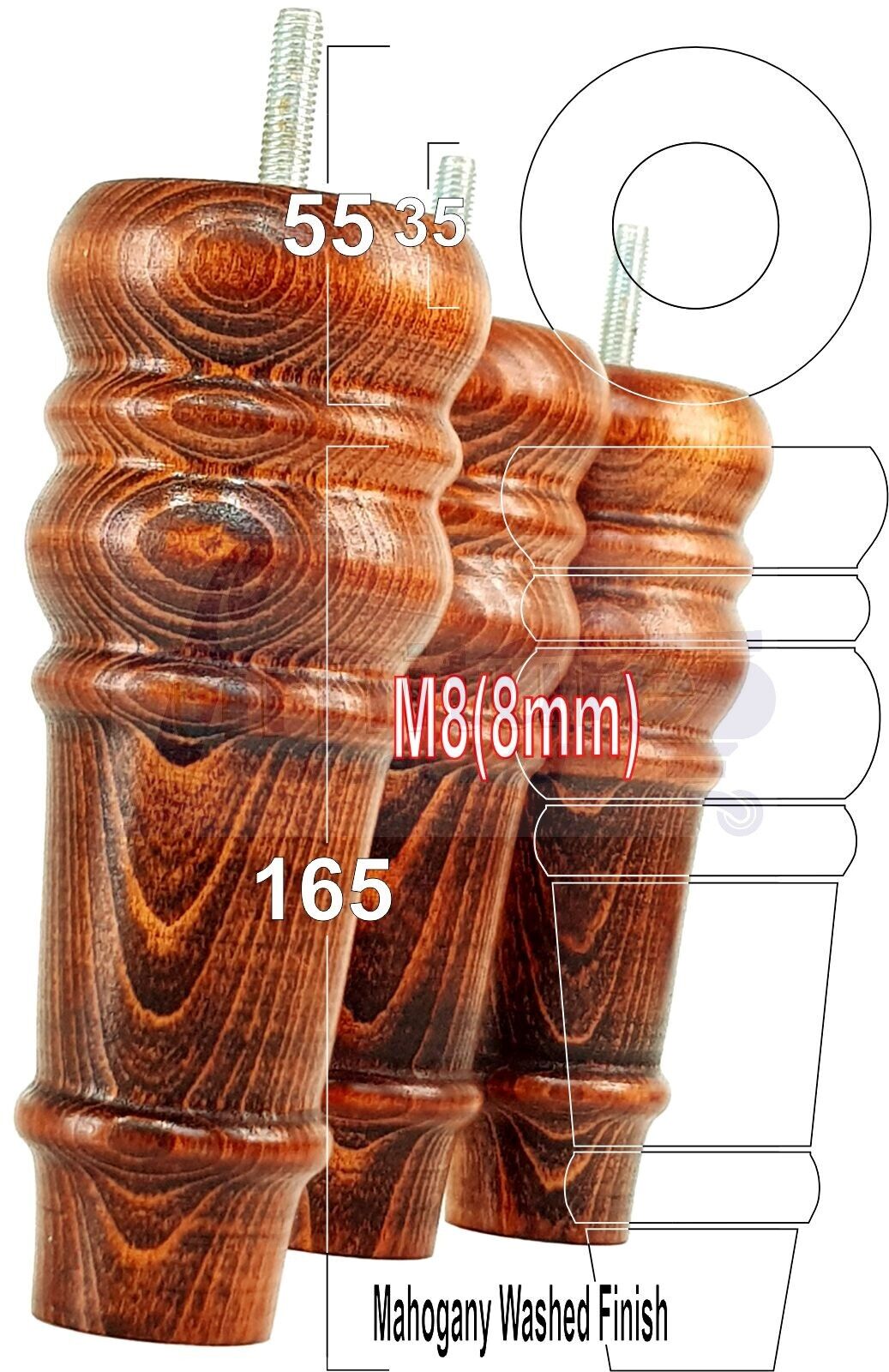 4 Wood Turned Furniture Legs Replacement Bun Feet 165mm High Multiple Colours 6.5 Inches Chairs Stools Sofa's Beds Settee Cabinets M8