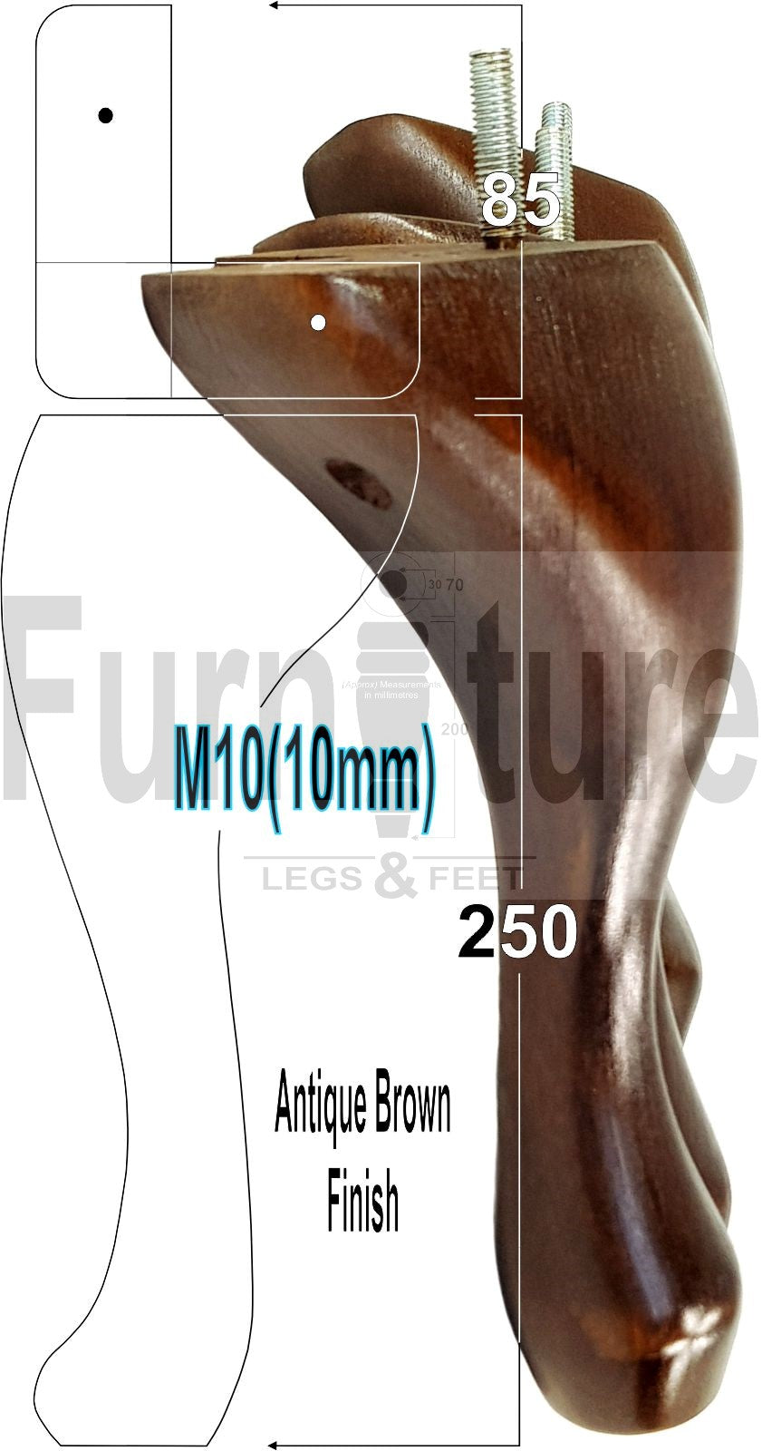 4 Replacement Traditional Queen Anne Furniture Leg 250mm High Sofa Chair Beds M10 Thread