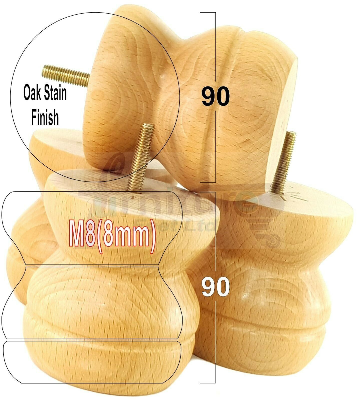4x Turned Solid Wood Furniture Legs Replacement Bun Feet 90mm High 8mm Thread