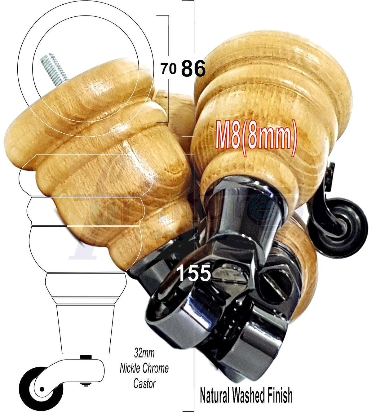 4 Turned Wooden Replacement Furniture Legs with Castors 6 Inch 155mm High Sofa Feet M8 Dowl Fixing - Black Castor
