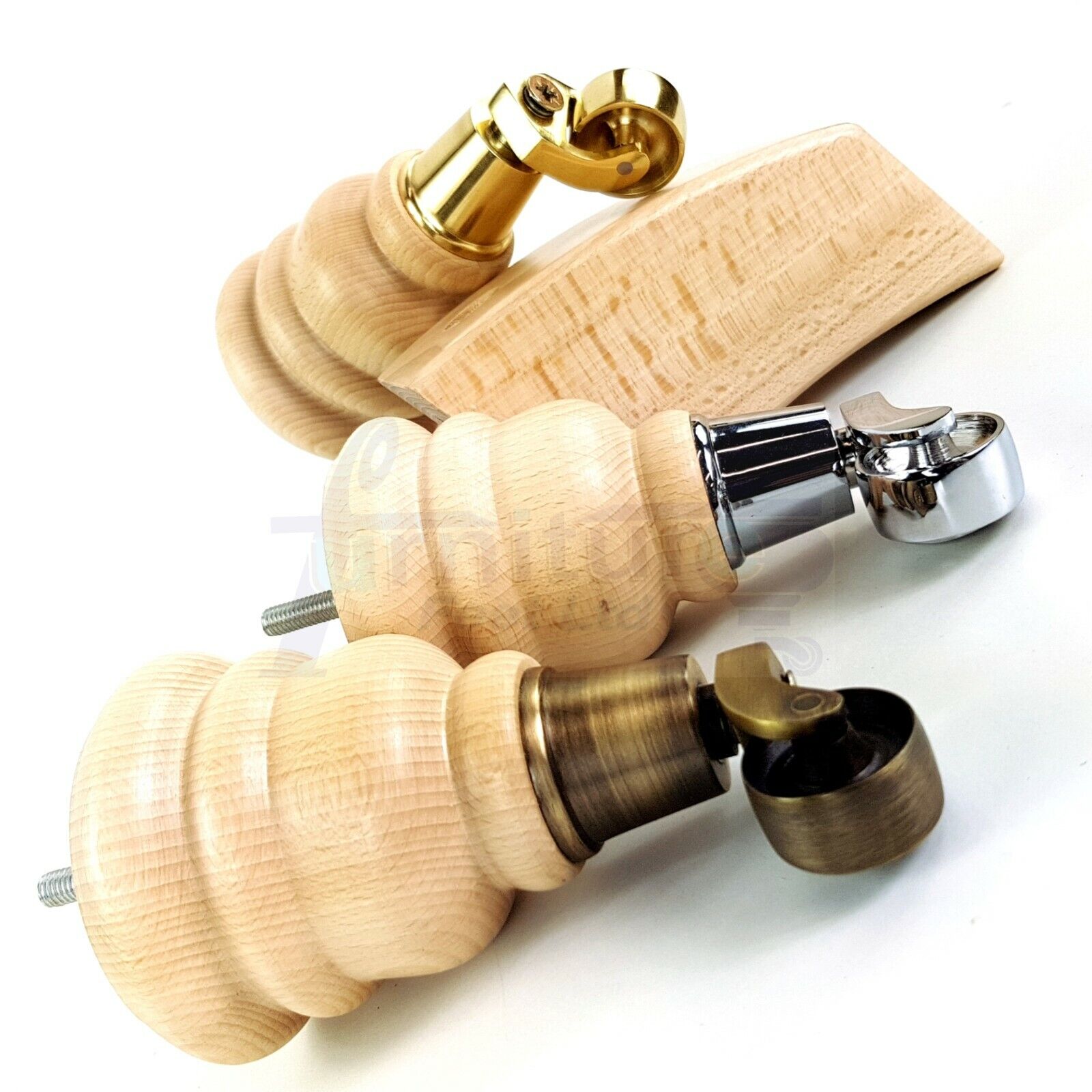 Turned Natural Wood Furniture Feet 2 With Castors 155mm and 2 Curved Back Legs Sofas Chairs Stools Cabinets Beds M8 6 Inches