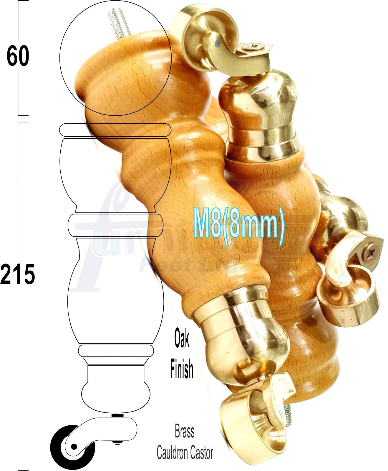 Solid Wood Furniture Feet With Castors Set of 4 Legs 205mm High For Sofas Chairs Stools Cabinets & Beds M8