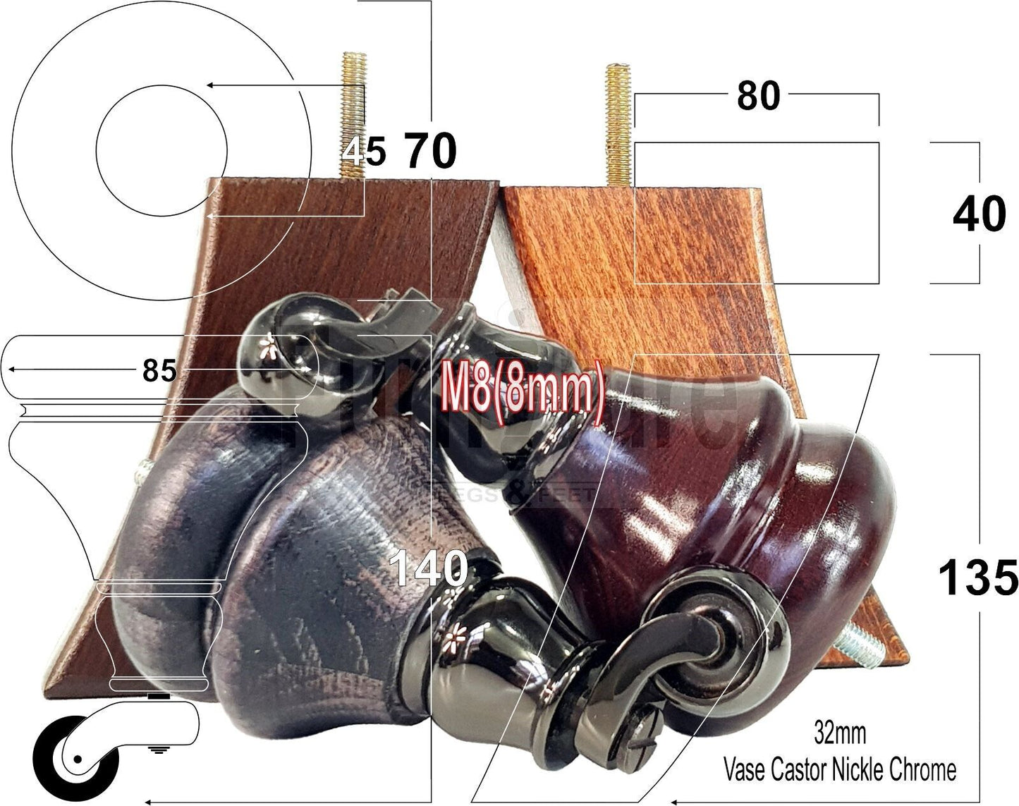 Turned Wood Furniture Feet 2 With Castors 140mm & 2 Curved Back Legs Sofas Chairs Stools Cabinets Beds M8