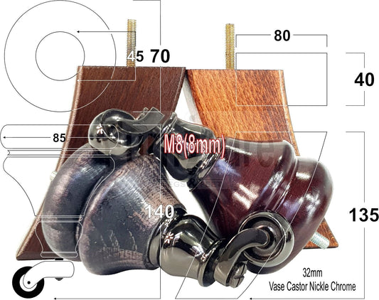 Turned Wood Furniture Feet 2 With Castors 140mm & 2 Curved Back Legs Sofas Chairs Stools Cabinets Beds M8