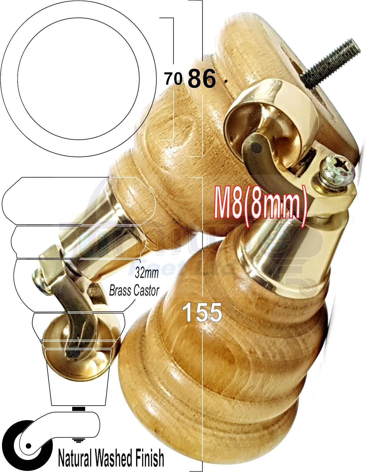 4 Turned Wood Furniture Feet With Brass Castors 155mm Legs Sofas Chairs Stools Cabinets Beds M8 6 Inches