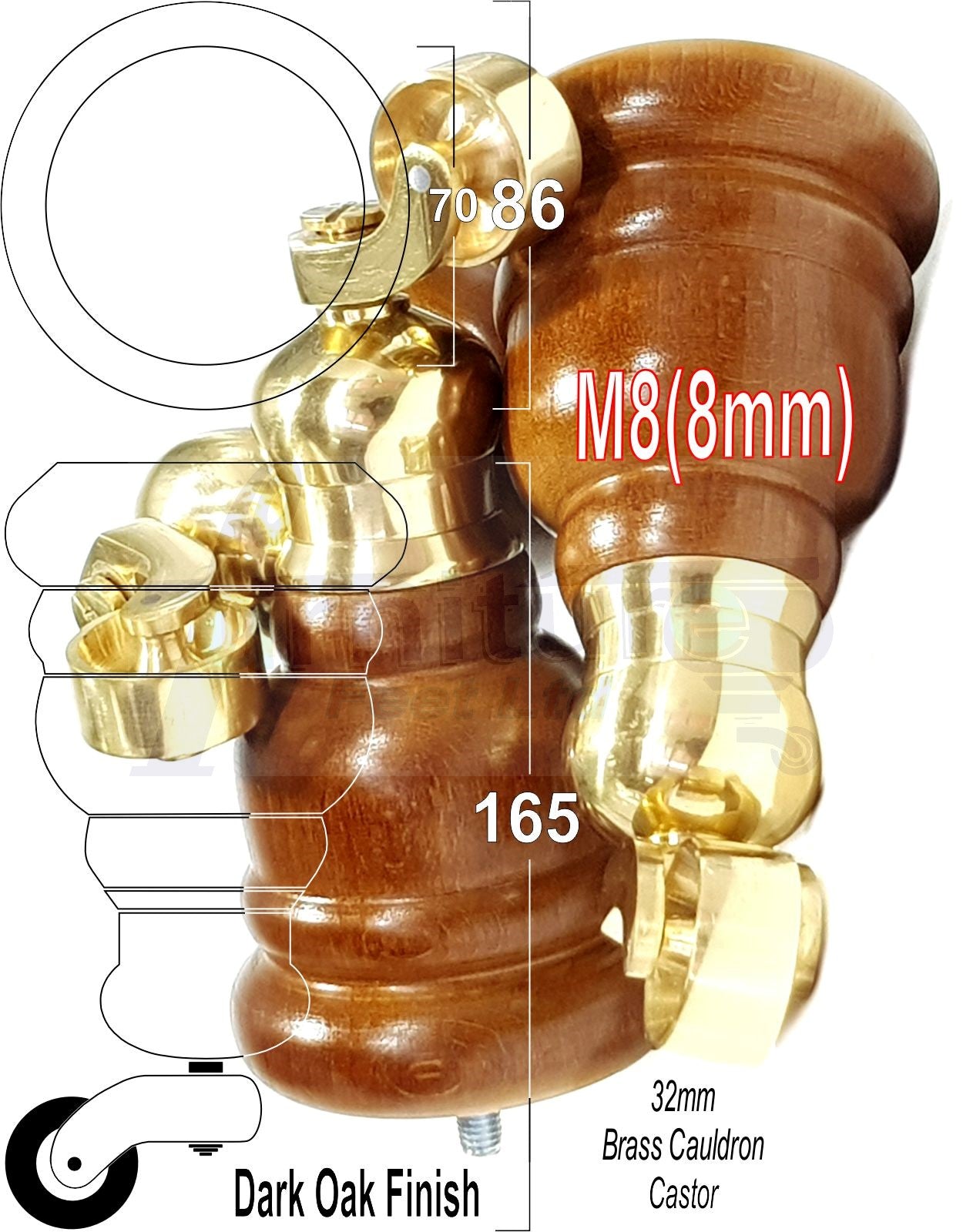 4 Turned Wood Furniture Feet With Brass Cauldron Castors 160mm Legs Sofas Chairs Stools Cabinets Beds M8 6 Inches