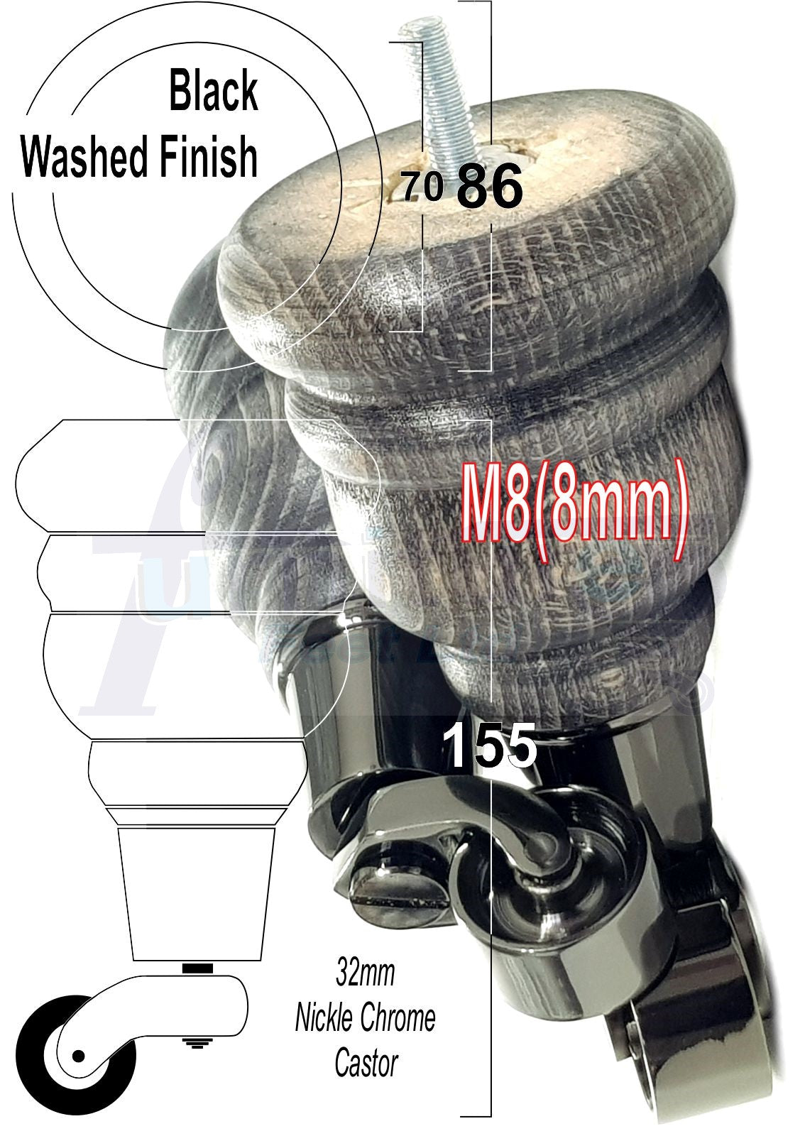 4 Turned Wooden Replacement Furniture Legs with Castors 6 Inch 155mm High Sofa Feet M8 Dowl Fixing - Black Castor