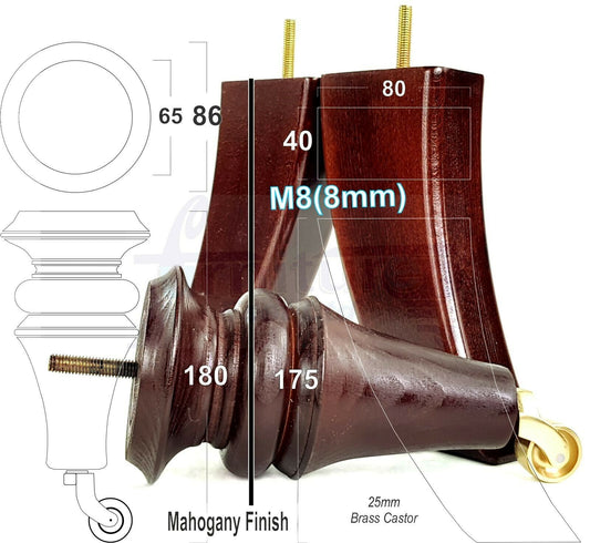 2x Turned & 2x Curved Back Wooden Feet Replacement Furniture Legs 180mm M8(8mm)