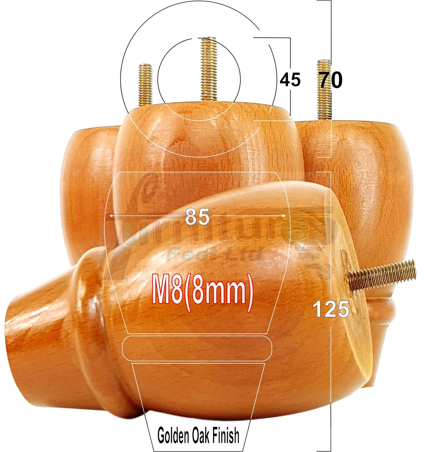 Set Of 4 Solid Wood Turned Replacement Furniture Legs 125mm High 8mm Thread