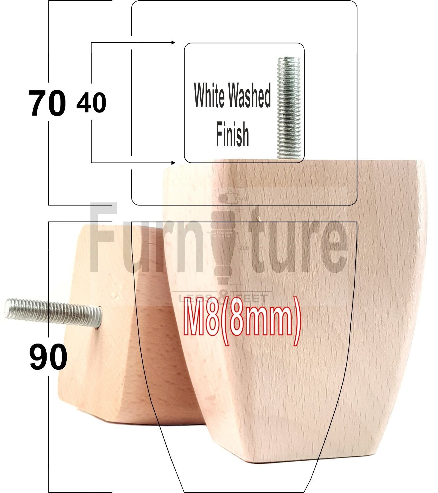 Set Of 4 Solid Wooden Block Furniture Feet Replacement Legs 90mm High M8(8mm)