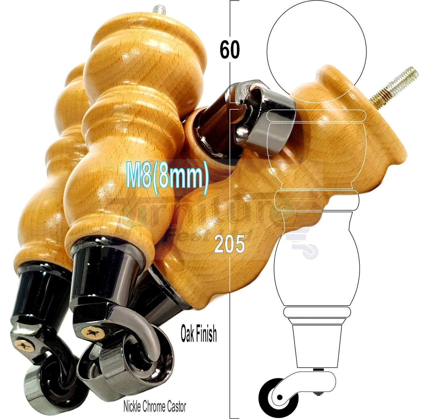 Solid Wood Furniture Feet With Castors Set of 4 Legs 205mm High For Sofas Chairs Stools Cabinets & Beds M8