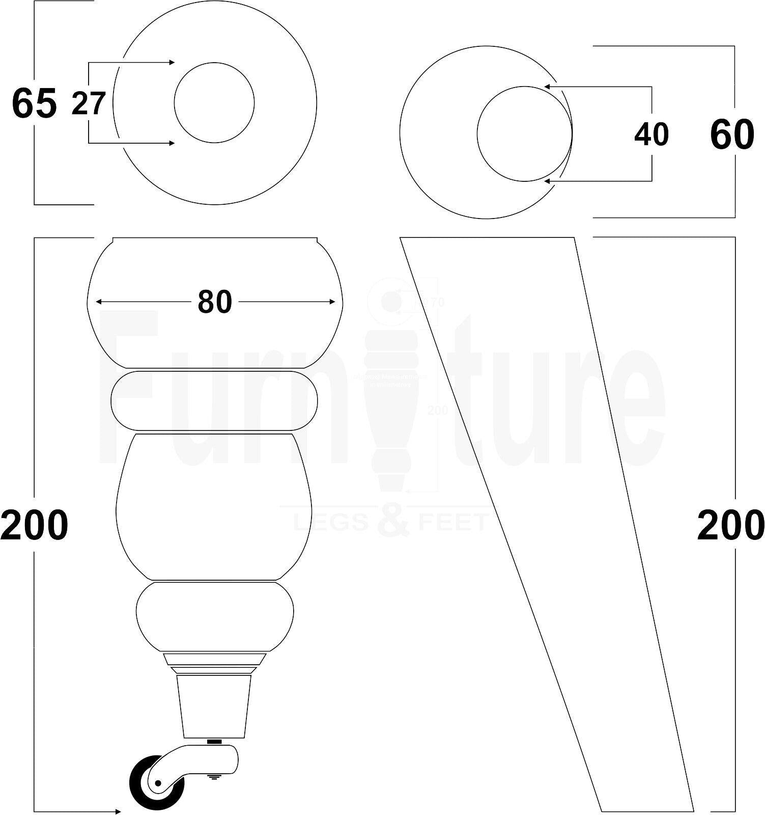 2x Furniture Antique Castor Legs & 2x Angled Solid Wooden Feet M8 Chairs Sofa 200mm High