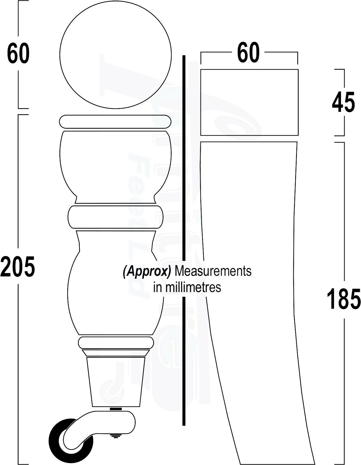 2x Wood Furniture Castor Settee Feet & 2x Curved Legs 10mm Thread 205mm High Raw (Un-Varnished) For Sofas Chairs Stools Cabinets & Beds