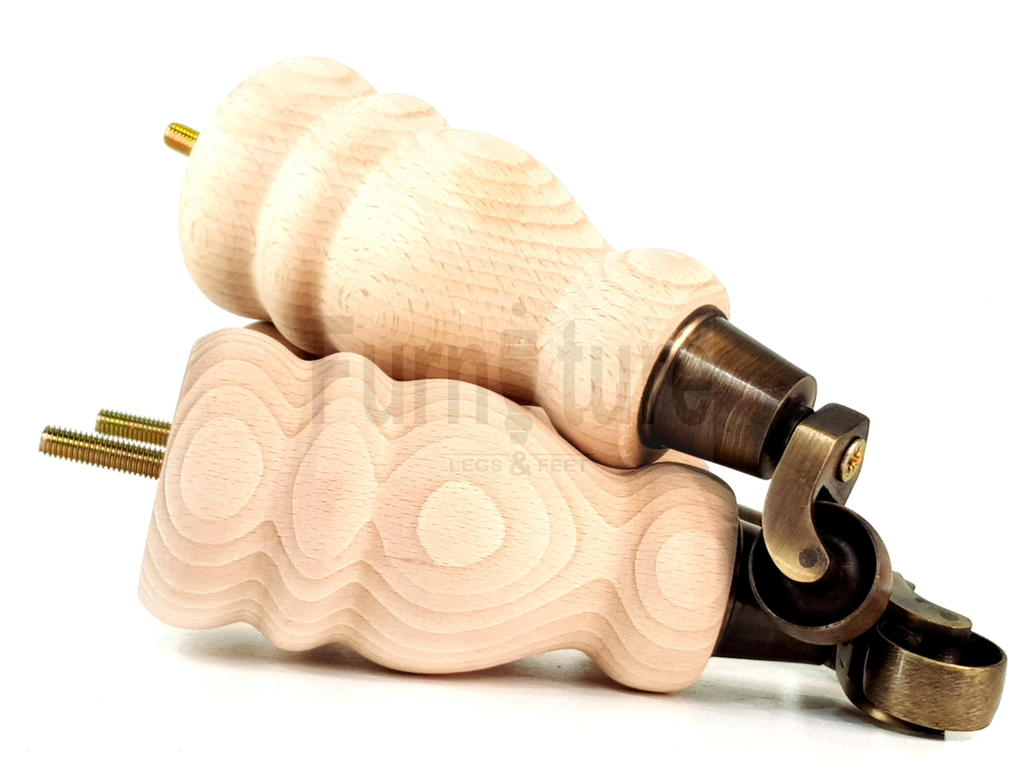 Set Of 4 Wooden Turned Replacement Furniture Legs 200mm High With Antique Brass Castor Wheels 8mm Thread
