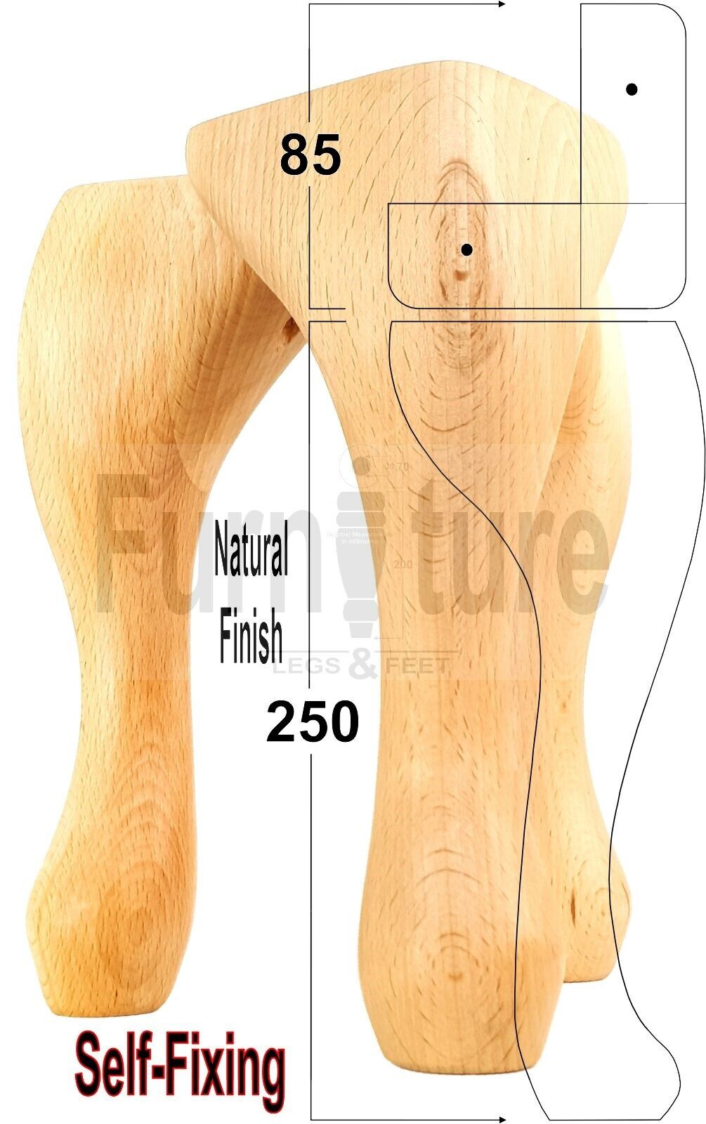 4 Wooden Traditional Queen Anne Furniture Legs 250mm Sofa Chair Beds (Self-Fix)