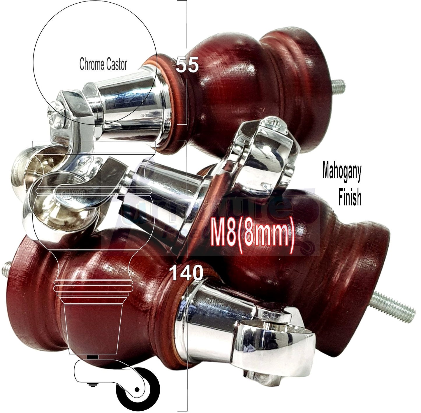 4x Turned Wood Furniture Legs With Chrome Castor 150mm High M8 For Settees Chairs & Cabinets