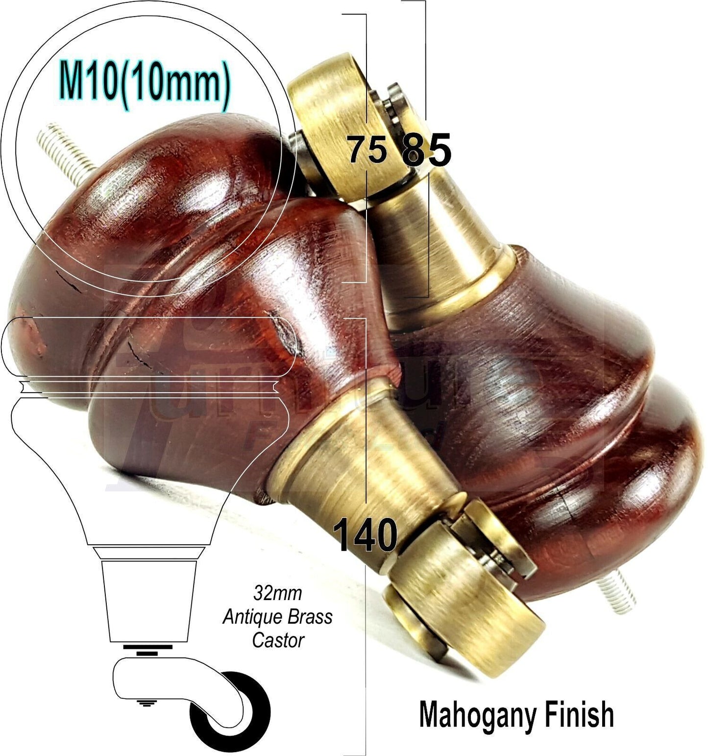 4x Turned Furniture Wood Feet With Castors 140mm Sofas Chairs Settee Cabinets Beds M10(10mm)