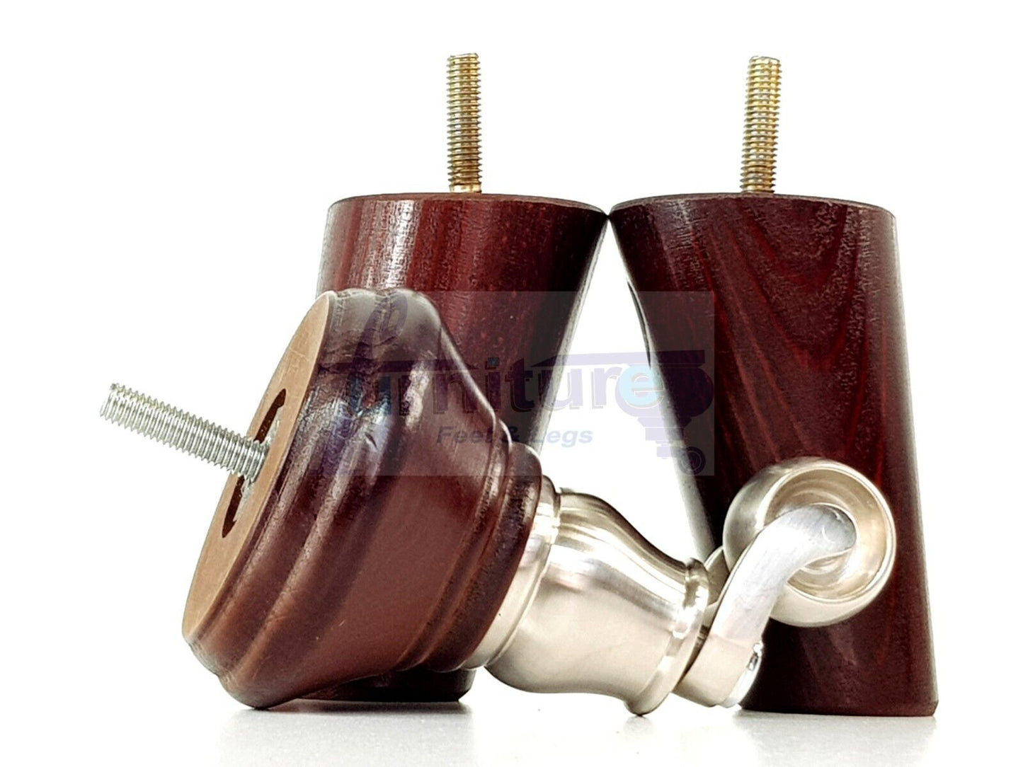 2 Antique Mahogany Wood Furniture Sofa Legs With Castor 125mm & 2 Angled Back Feet Chair Settee 100mm High M8