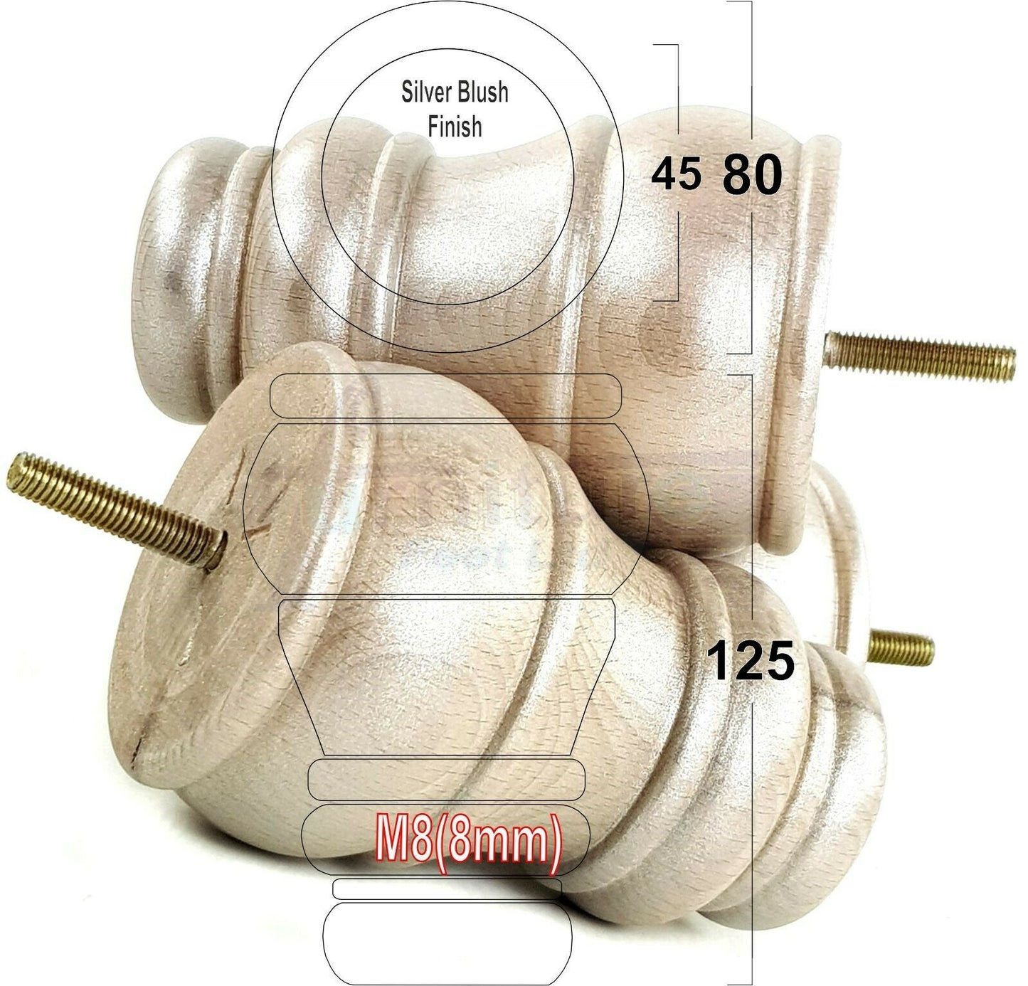 4 Turned Wood Furniture Chair Legs M8 Replacement Sofa Settee Feet 125mm High