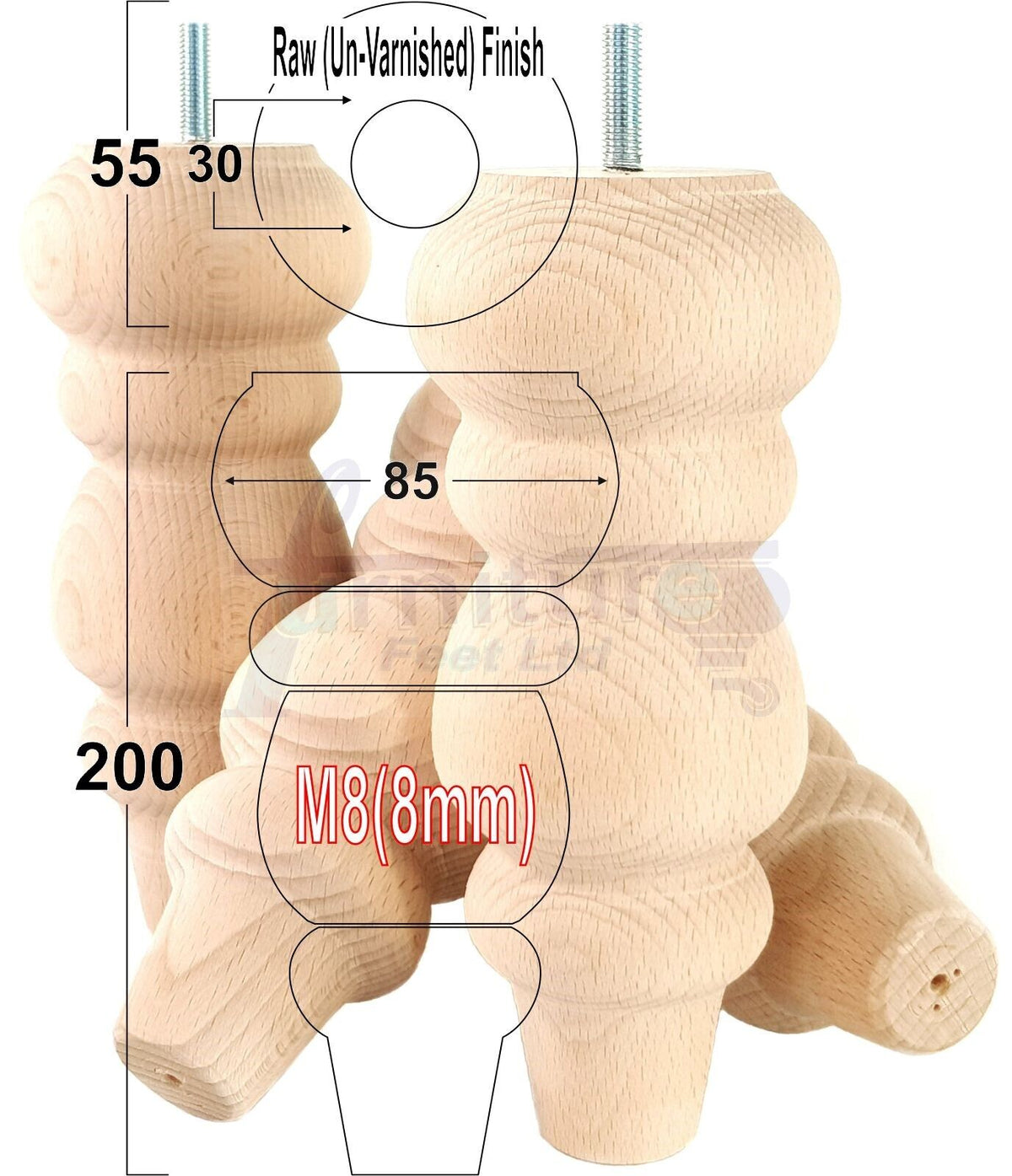 4 Solid Wood Furniture Legs Replacement Turned Chair Feet 200mm High M8 Threaded Dowl